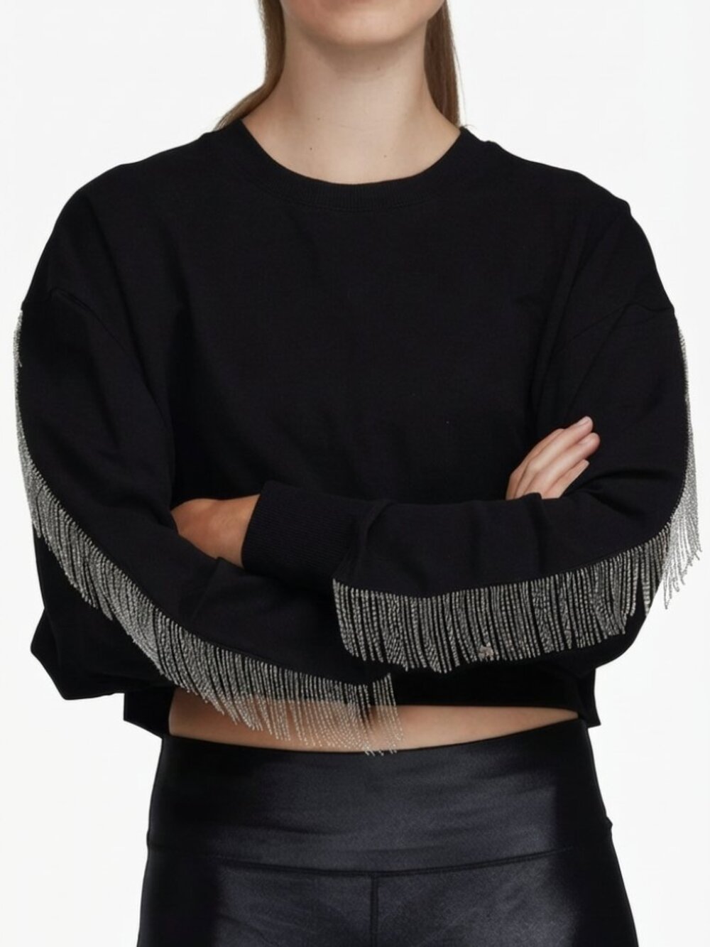 NOLI - Black Rhinestone Fringe Yoga Cropped Sweatshirt Athleisure - Medium